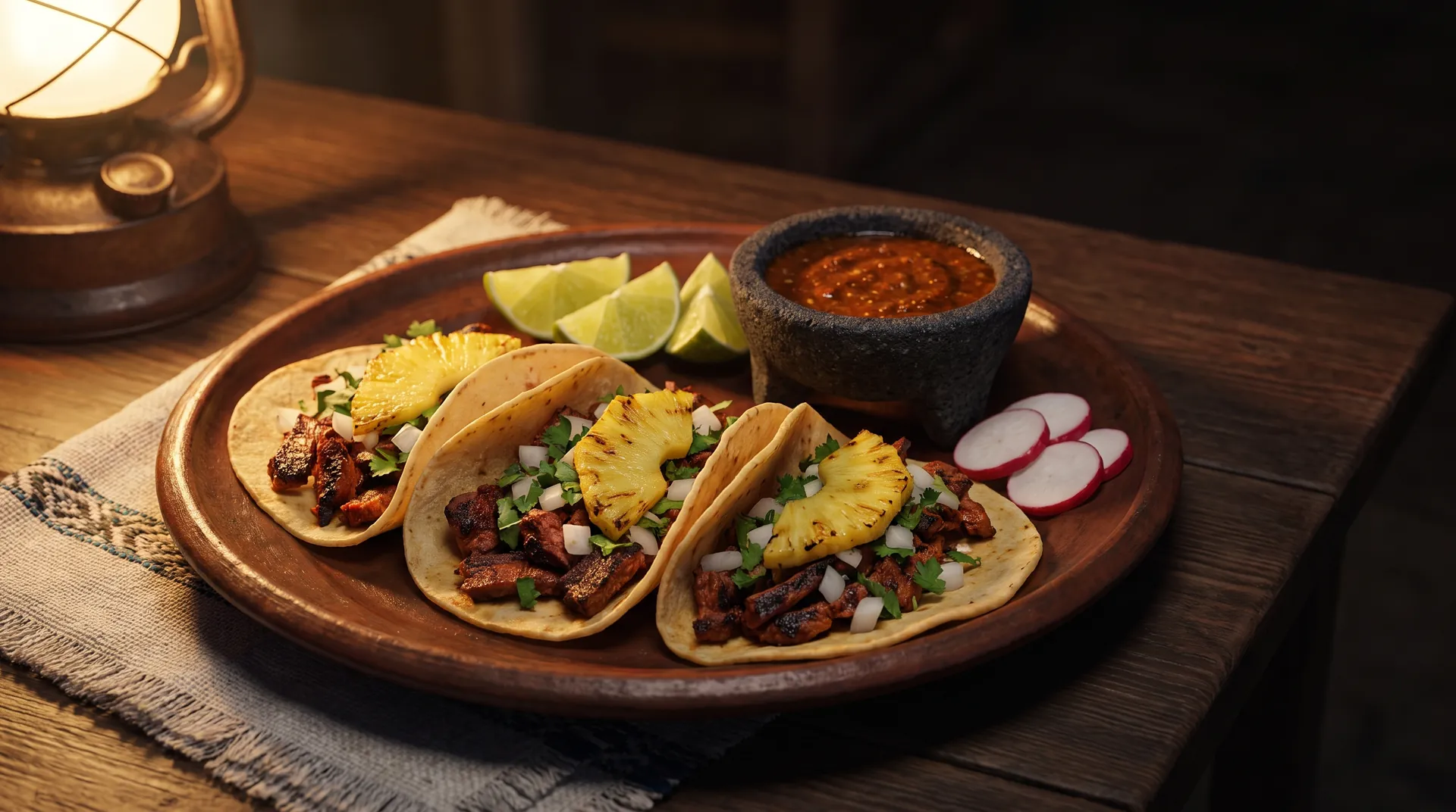 Imagen digital ilustrativa: Tres tacos mexicanos de carne con cebolla, cilantro y piña, con limón y salsa roja