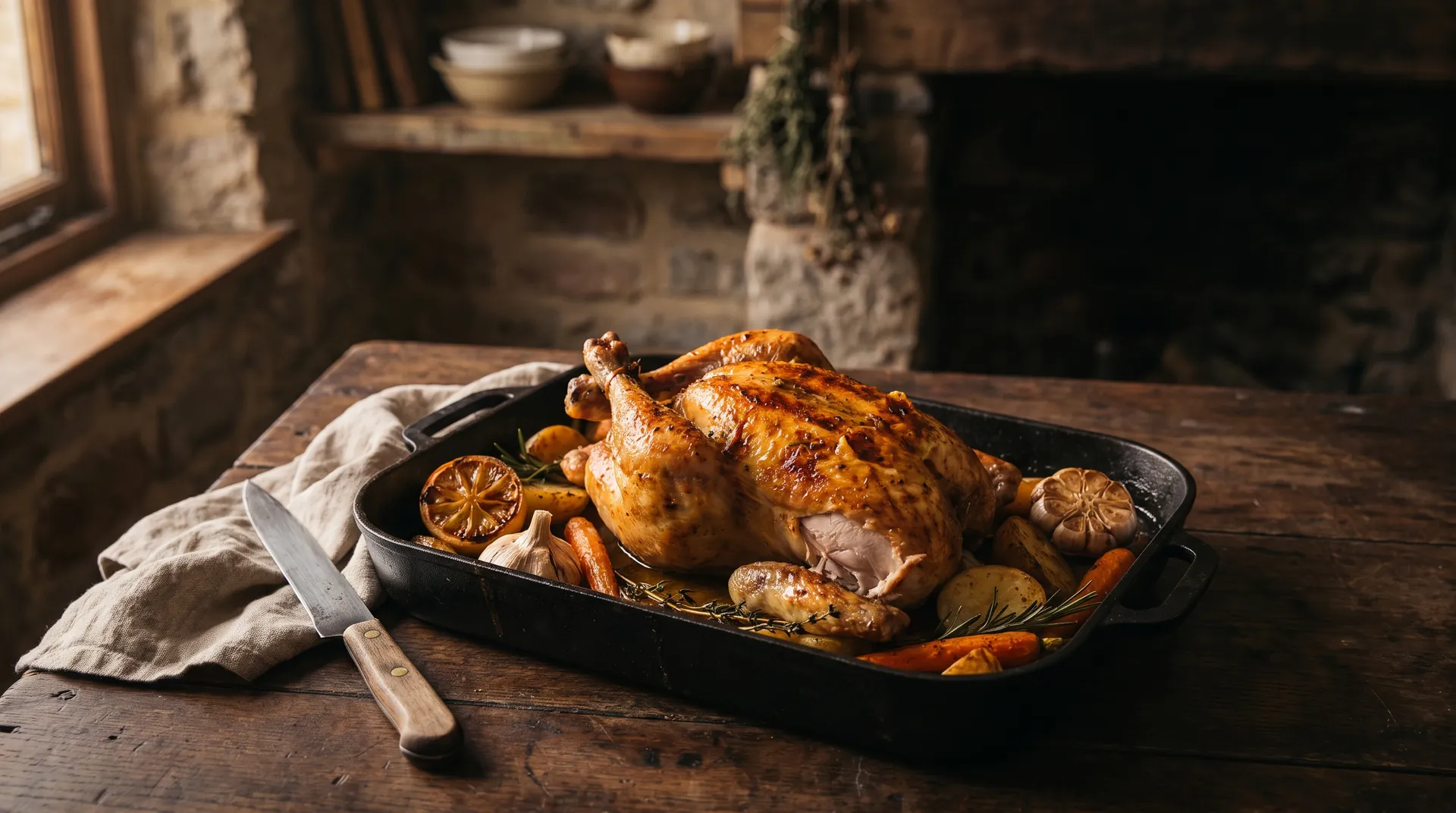 Imagen digital ilustrativa: Pollo asado dorado con romero, tomillo, limón y patatas en una fuente de hierro