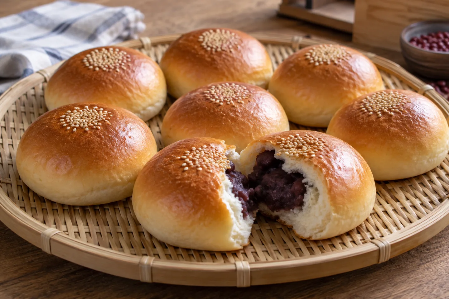 Imagen digital ilustrativa: Bollitos anpan rellenos de judía roja. No documenta una prueba de cocina.