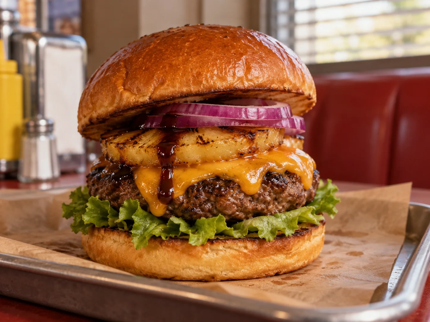 Imagen digital ilustrativa de una hamburguesa con queso fundido, piña a la plancha, cebolla morada y lechuga.