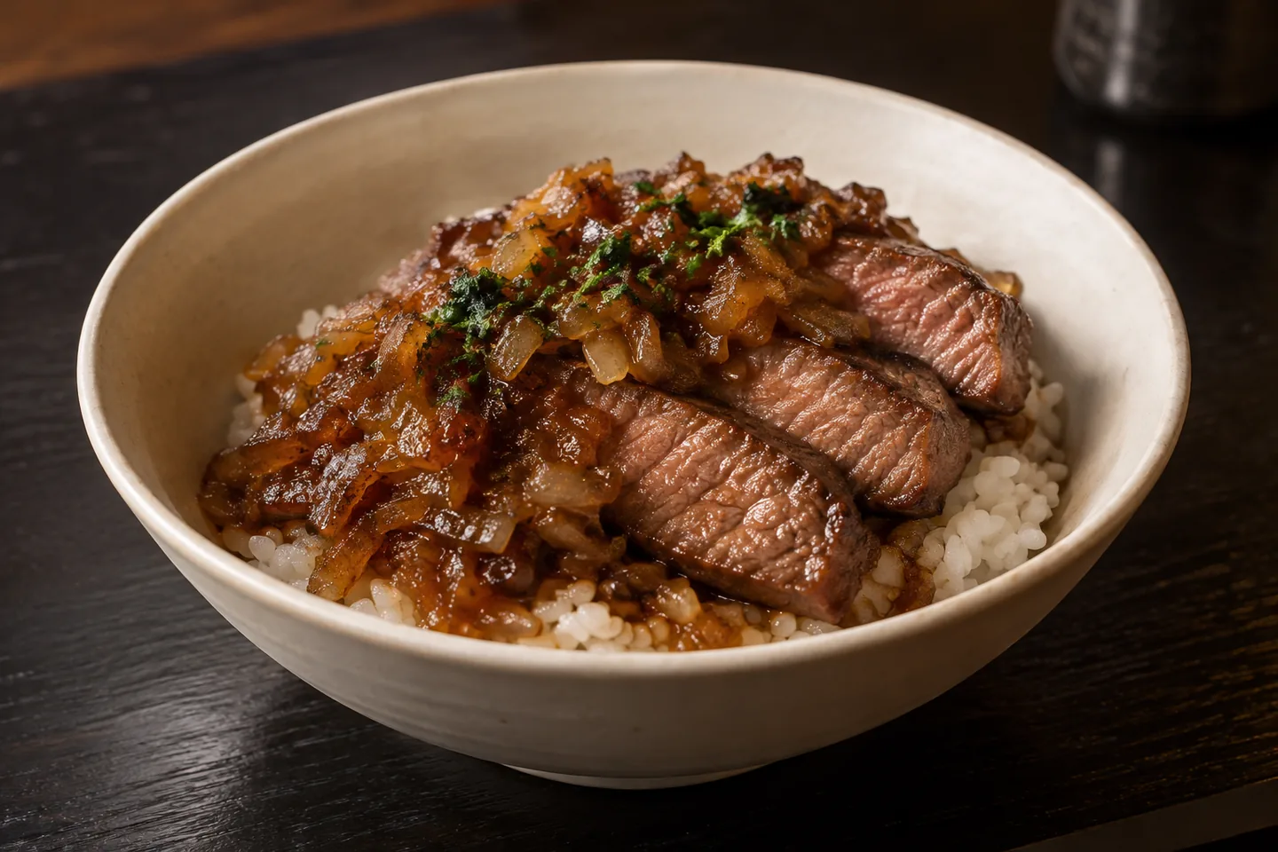 Imagen digital ilustrativa: Chaliapin steak don con cebolla caramelizada. No documenta una prueba de cocina.