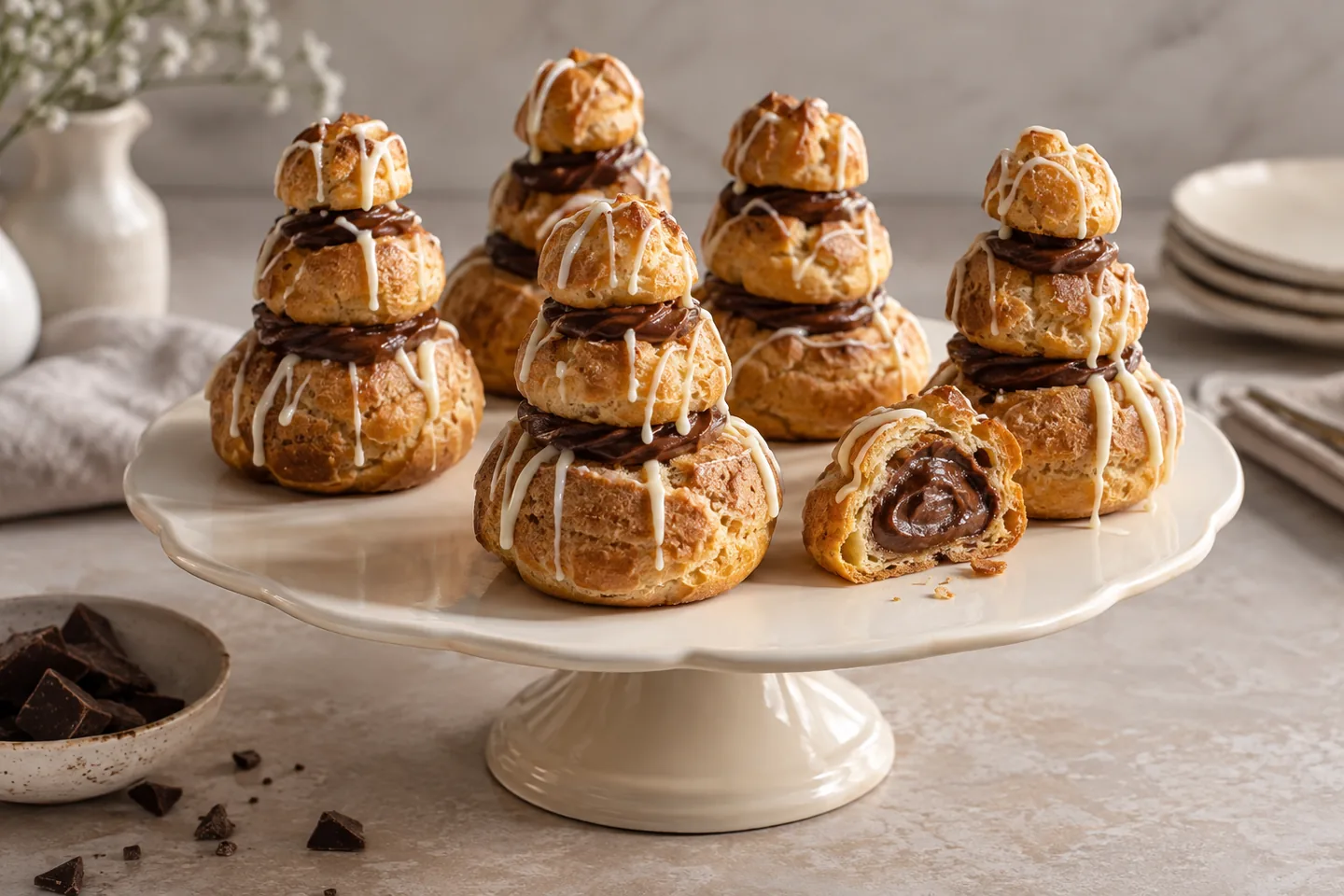 Imagen digital ilustrativa: Torre de profiteroles de chocolate estilo Mendl’s. No documenta una prueba de cocina.