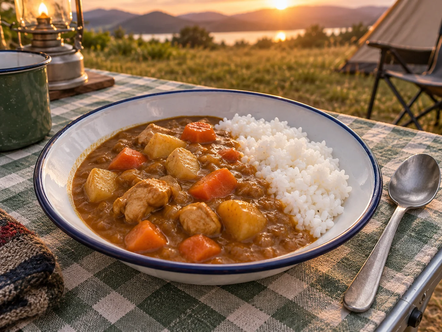 Imagen digital ilustrativa de un plato de curry japonés de pollo y verduras con arroz blanco.