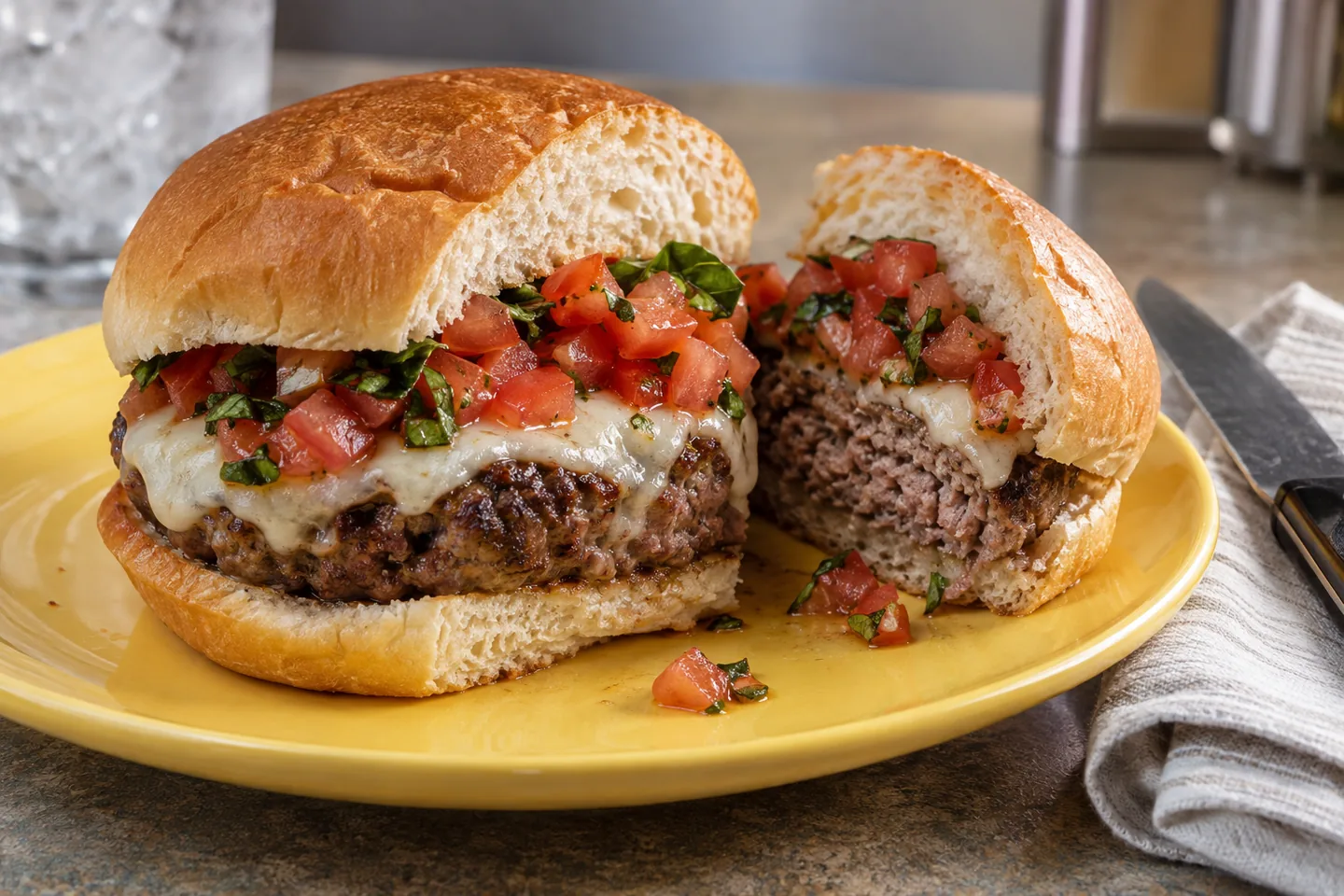 Imagen digital ilustrativa: Hamburguesa con bruschetta de Bob’s Burgers. No documenta una prueba de cocina.