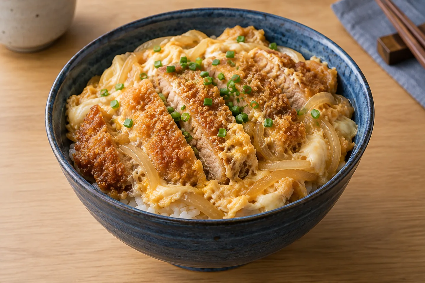 Imagen digital ilustrativa: Katsudon de Deku: cerdo crujiente sobre arroz. No documenta una prueba de cocina.