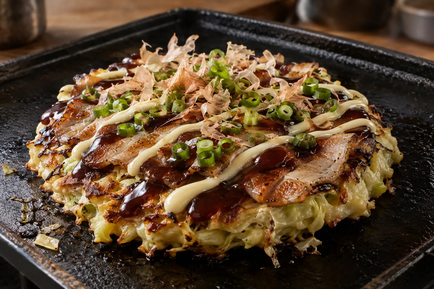 Imagen digital ilustrativa: Okonomiyaki de col y cerdo de Ukyo. No documenta una prueba de cocina.