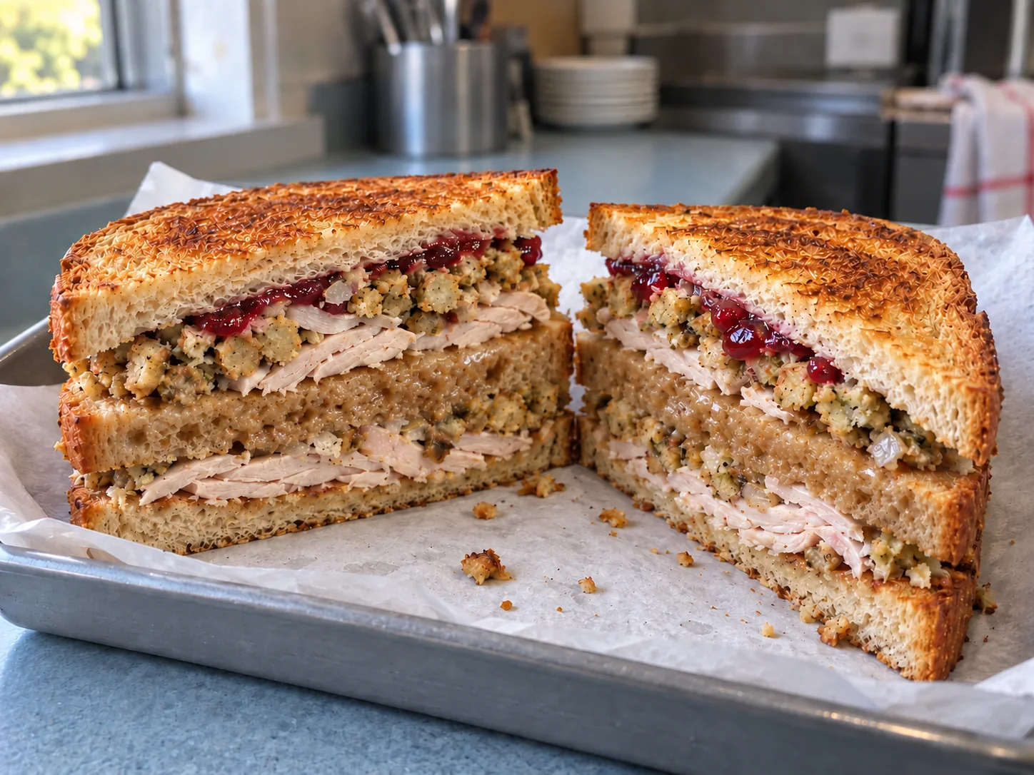 Imagen digital ilustrativa de un sándwich de tres rebanadas con pavo, relleno y salsa de arándanos, cortado por la mitad.