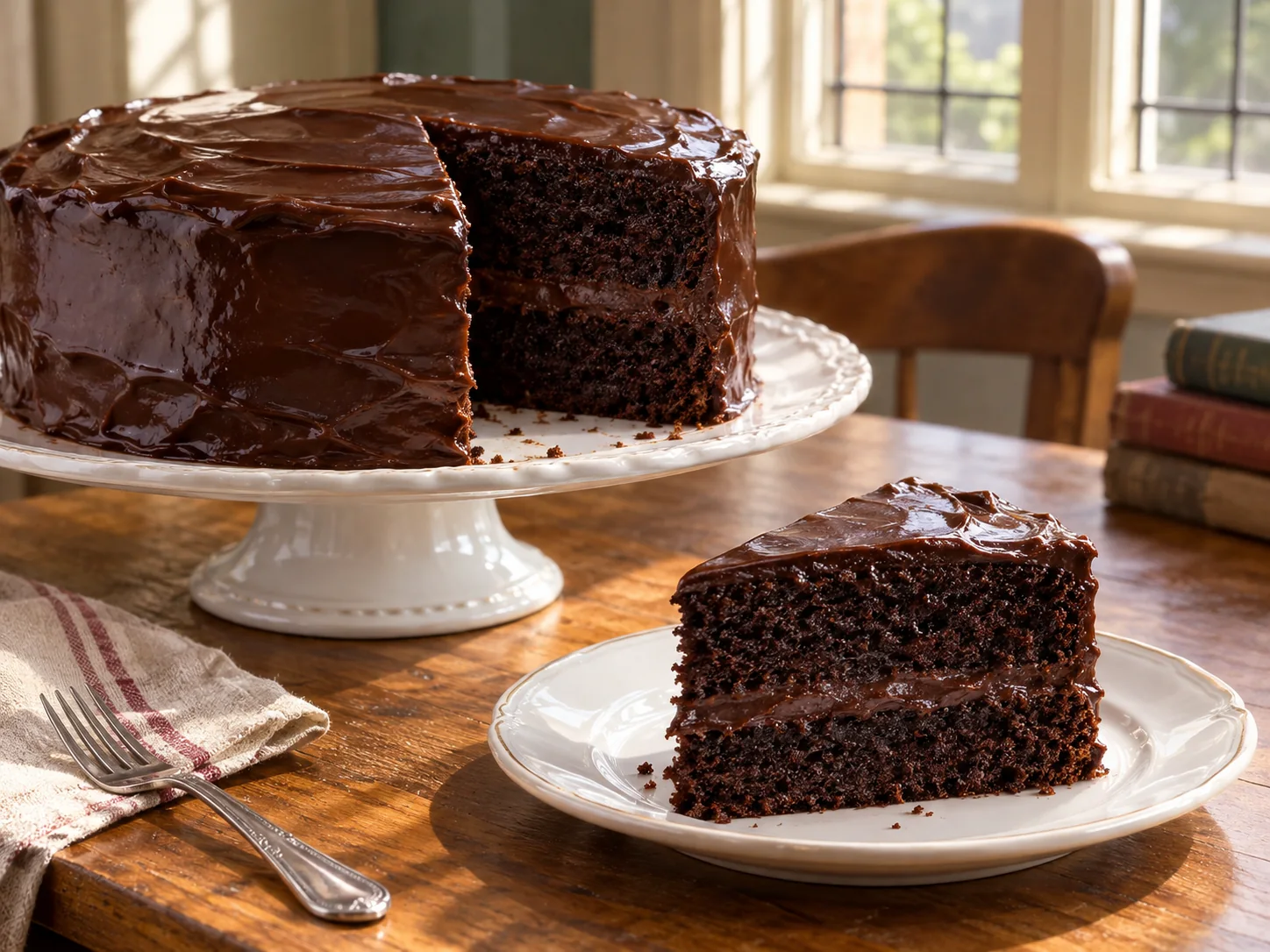 Imagen digital ilustrativa de una tarta de chocolate de dos capas cubierta de ganache, con una porción cortada.