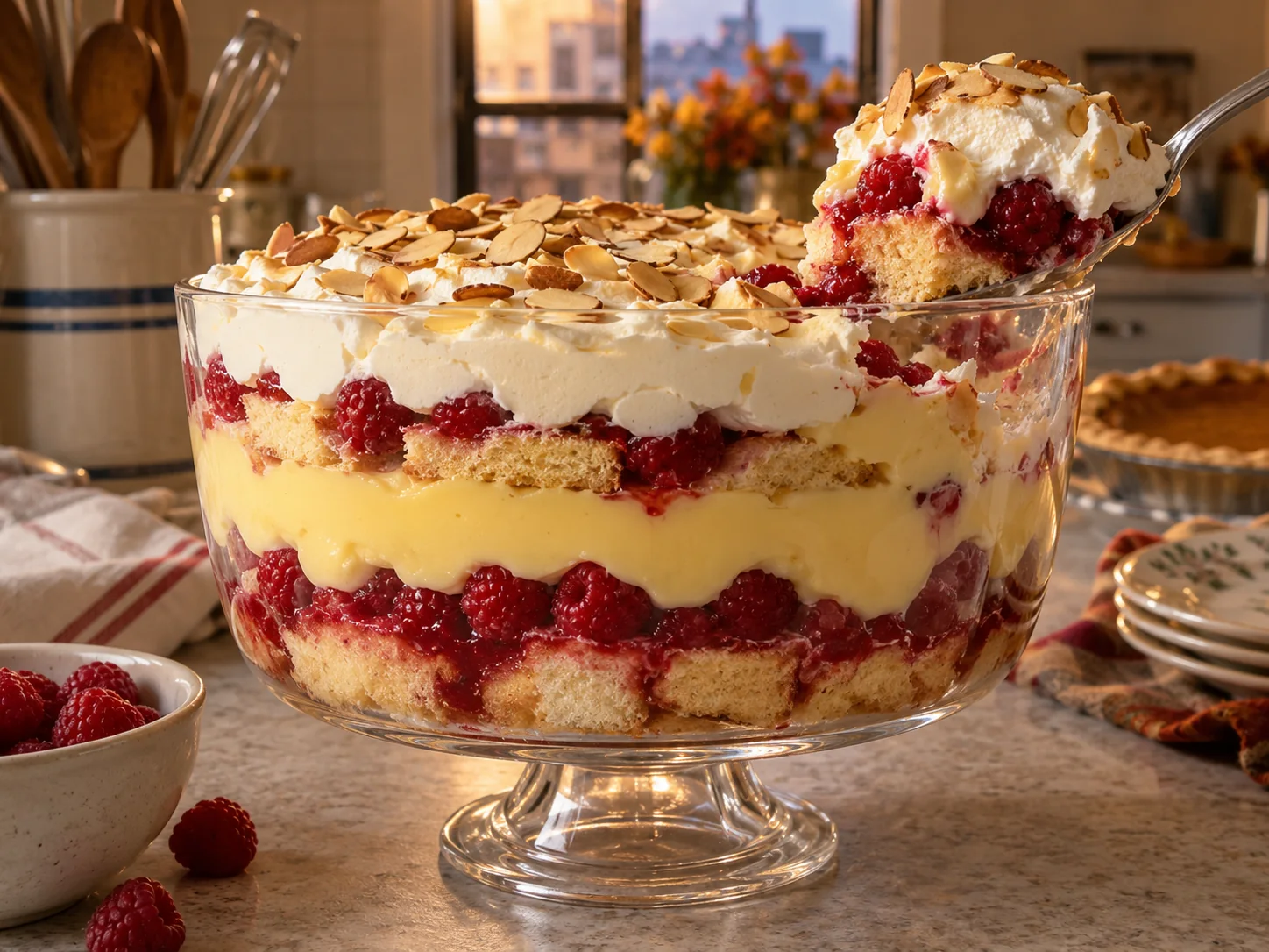 Imagen digital ilustrativa de un trifle en cuenco de cristal con capas de bizcocho, frambuesas, natillas y nata.