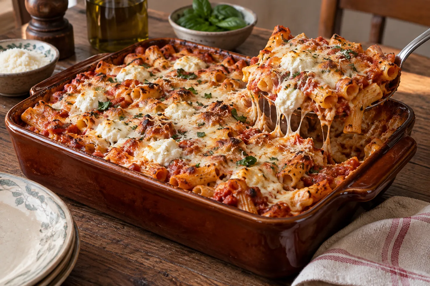 Imagen digital ilustrativa: Ziti al horno con tres quesos de Carmela. No documenta una prueba de cocina.